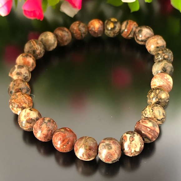 Red Leopard Jasper 8mm Natural Stone Beads Stretchable Bracelet - Picture 1 of 5